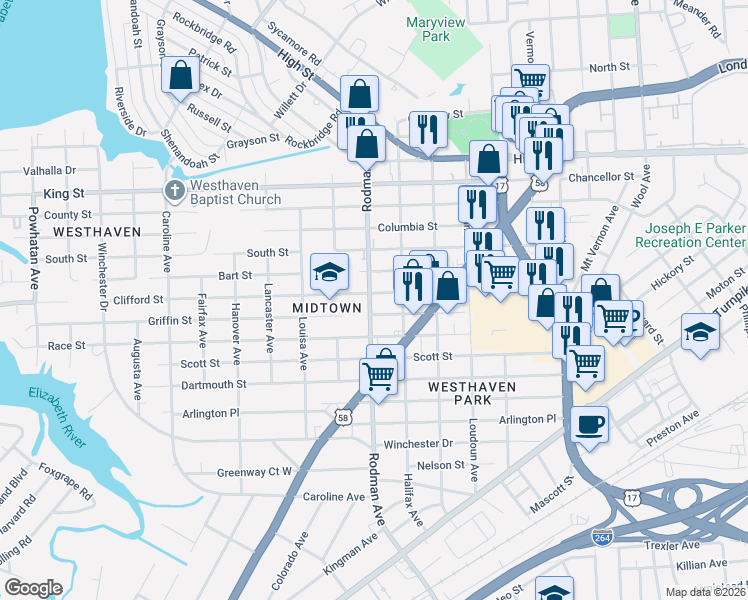 map of restaurants, bars, coffee shops, grocery stores, and more near 1101 Rodman Avenue in Portsmouth