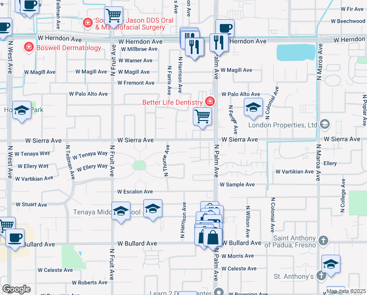 map of restaurants, bars, coffee shops, grocery stores, and more near 1124 West Tenaya Way in Fresno