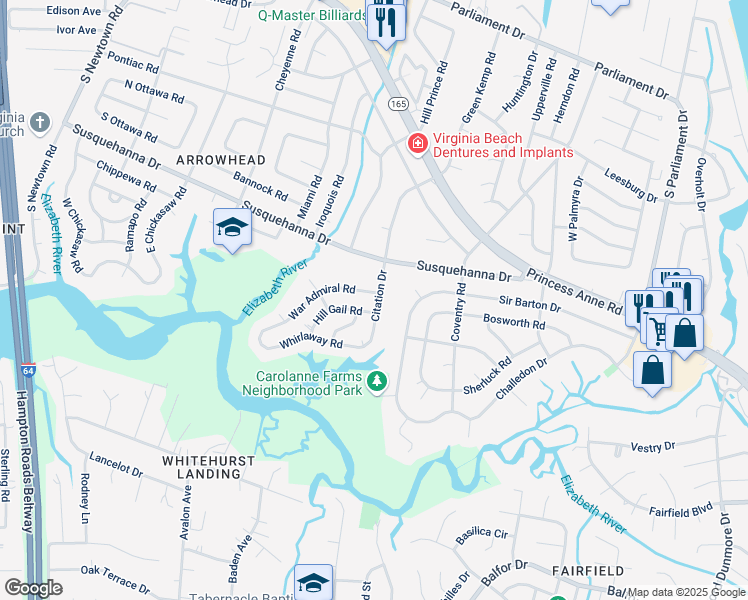 map of restaurants, bars, coffee shops, grocery stores, and more near 321 Citation Drive in Virginia Beach