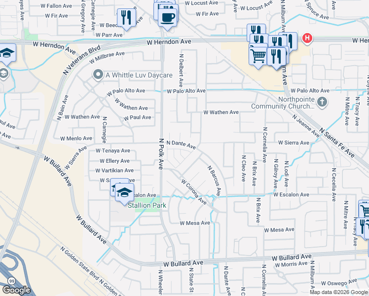 map of restaurants, bars, coffee shops, grocery stores, and more near 5432 West Santa Barbara Drive in Fresno