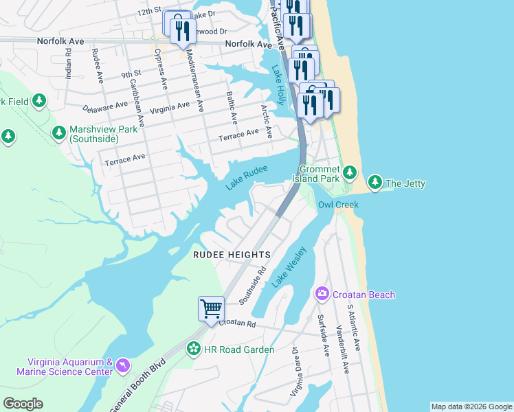 map of restaurants, bars, coffee shops, grocery stores, and more near 423 Harbour Point in Virginia Beach