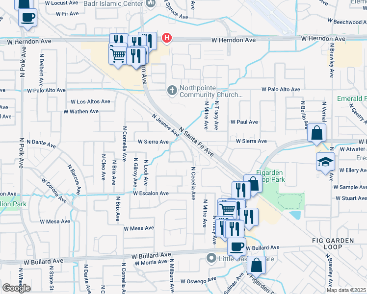 map of restaurants, bars, coffee shops, grocery stores, and more near 4588 West Tenaya Avenue in Fresno