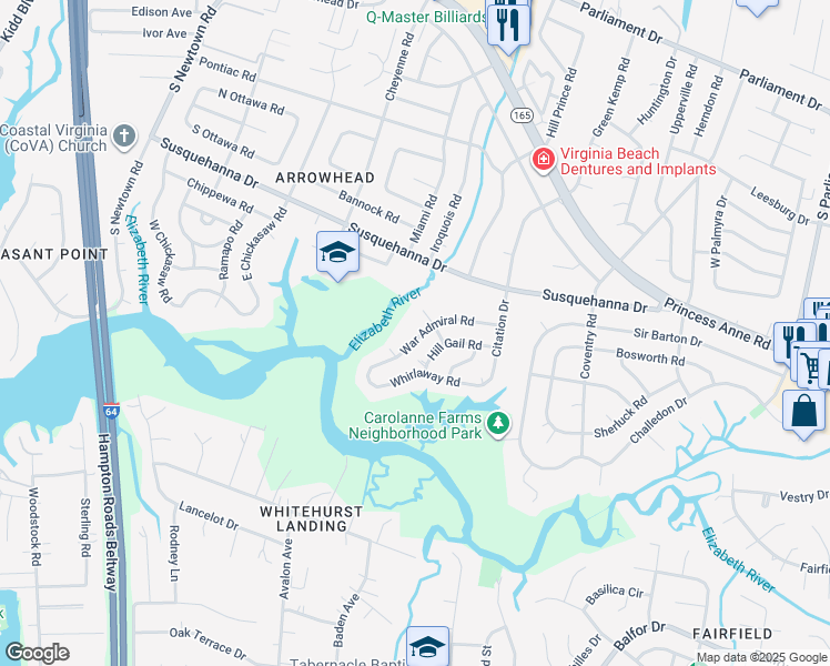 map of restaurants, bars, coffee shops, grocery stores, and more near 5544 War Admiral Road in Virginia Beach