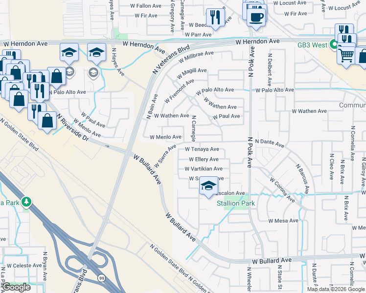 map of restaurants, bars, coffee shops, grocery stores, and more near 5810 West Tenaya Avenue in Fresno