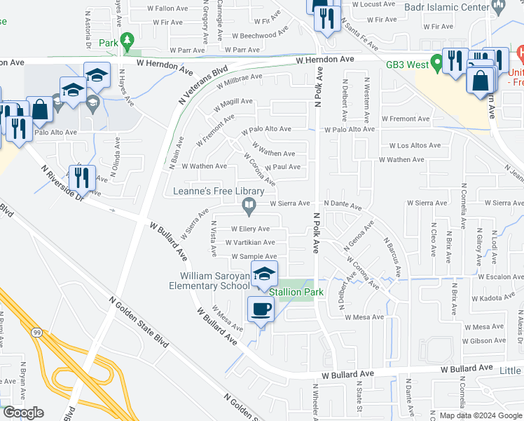 map of restaurants, bars, coffee shops, grocery stores, and more near 5668 West Tenaya Avenue in Fresno