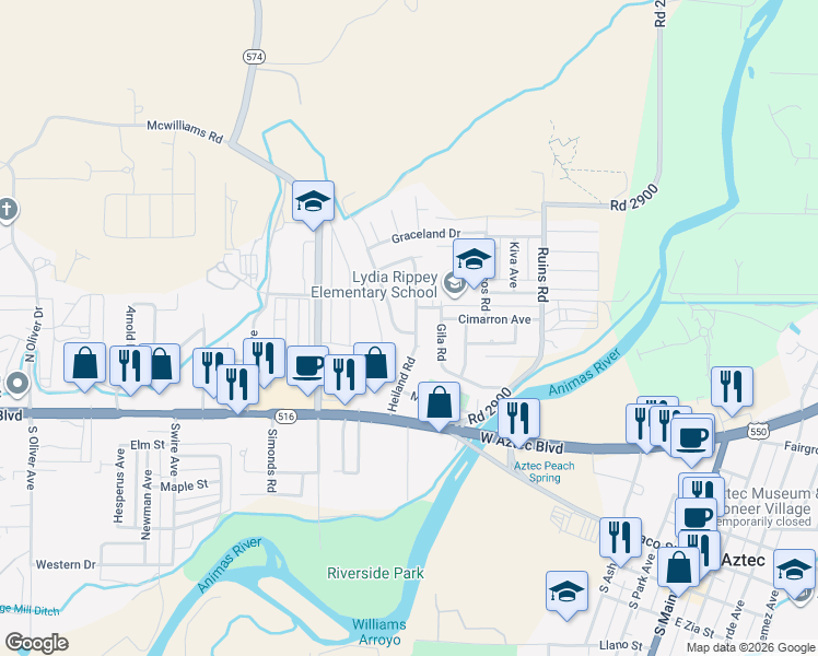 map of restaurants, bars, coffee shops, grocery stores, and more near 1201 Parkland Drive in Aztec