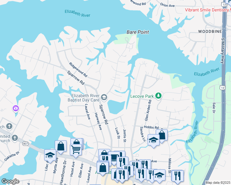 map of restaurants, bars, coffee shops, grocery stores, and more near 808 Silvercrest Lane in Virginia Beach