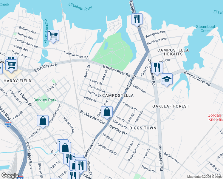 map of restaurants, bars, coffee shops, grocery stores, and more near 1113 Leake Street in Norfolk