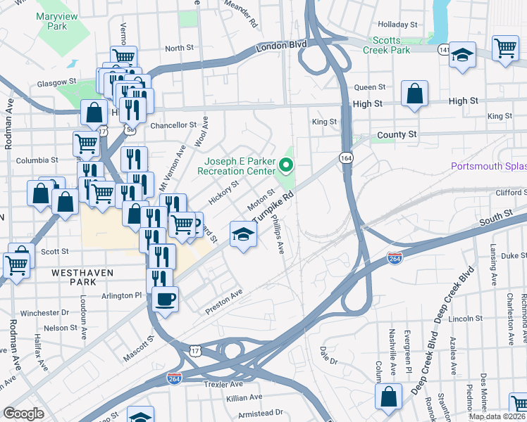 map of restaurants, bars, coffee shops, grocery stores, and more near 105 Phillips Avenue in Portsmouth