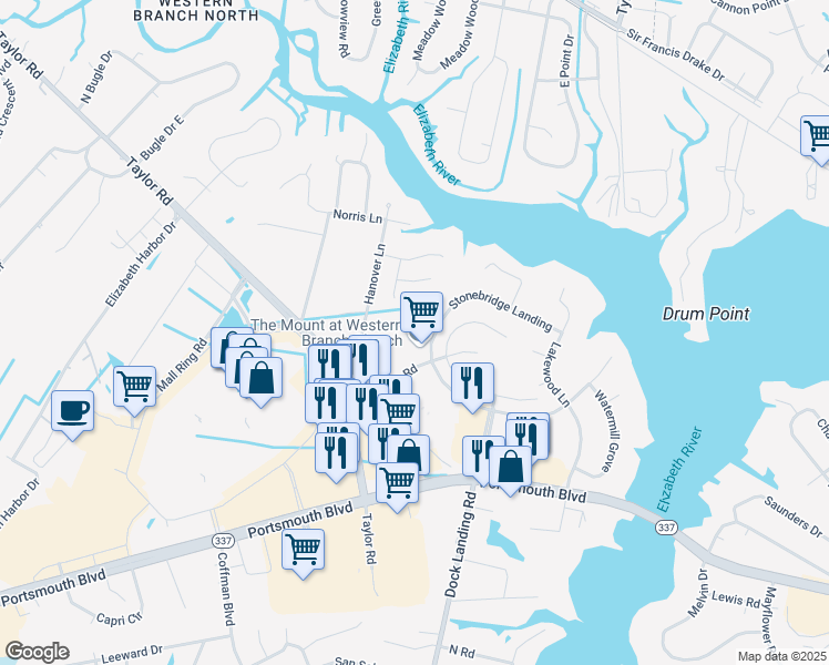 map of restaurants, bars, coffee shops, grocery stores, and more near 4025 Oak Moss Court in Chesapeake