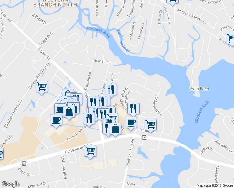 map of restaurants, bars, coffee shops, grocery stores, and more near 4025 Oak Moss Court in Chesapeake