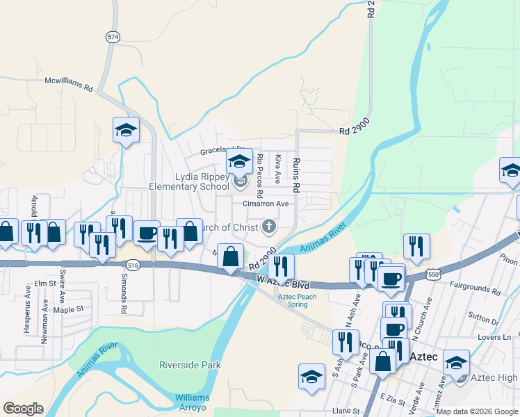 map of restaurants, bars, coffee shops, grocery stores, and more near 1008 Cimarron Avenue in Aztec