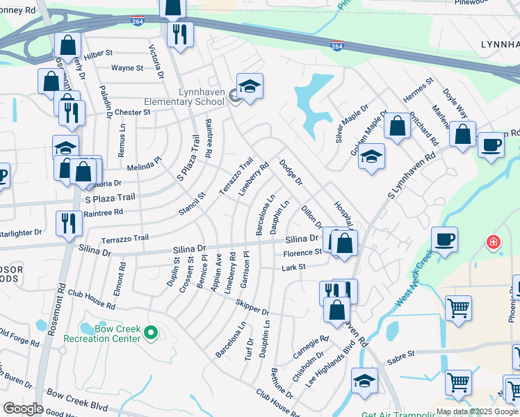 map of restaurants, bars, coffee shops, grocery stores, and more near 329 Barcelona Lane in Virginia Beach