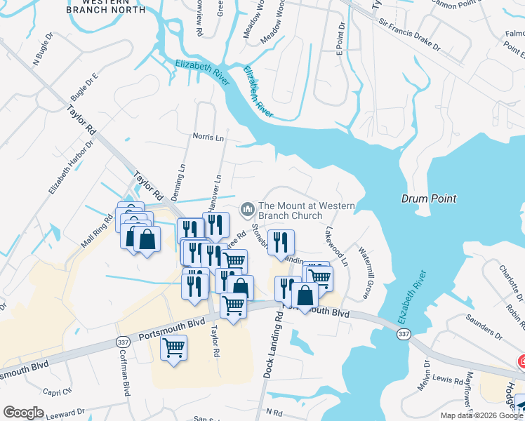 map of restaurants, bars, coffee shops, grocery stores, and more near 2529 Meadows Landing in Chesapeake