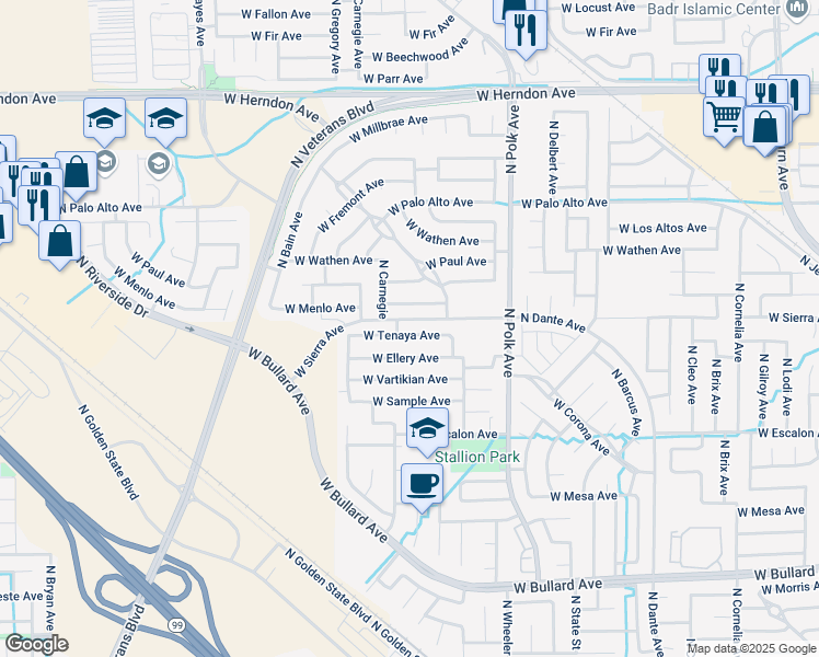 map of restaurants, bars, coffee shops, grocery stores, and more near 5698 West Tenaya Avenue in Fresno
