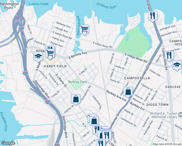 map of restaurants, bars, coffee shops, grocery stores, and more near 426 Middlesex Street in Norfolk