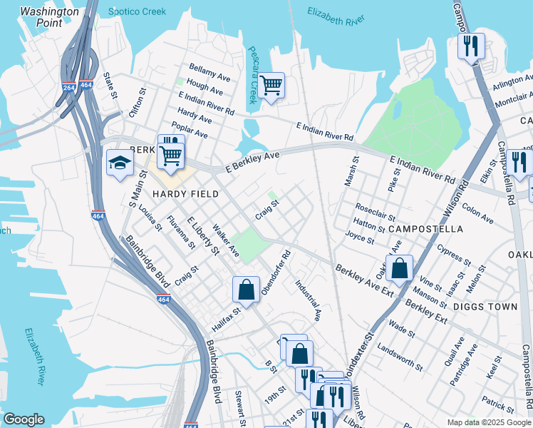 map of restaurants, bars, coffee shops, grocery stores, and more near 800 Whitehead Avenue in Norfolk