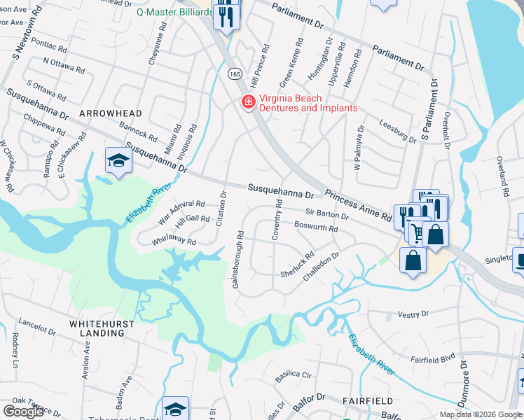 map of restaurants, bars, coffee shops, grocery stores, and more near 5409 Sir Barton Dr in Virginia Beach