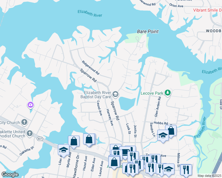 map of restaurants, bars, coffee shops, grocery stores, and more near 511 Sparrow Road in Chesapeake