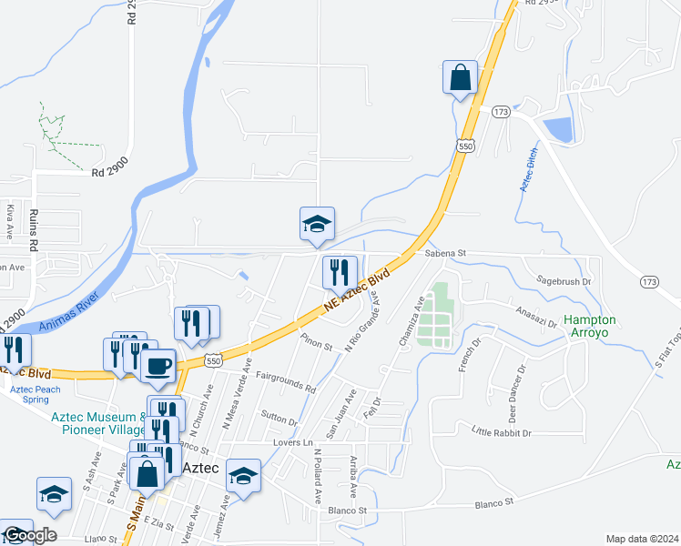 map of restaurants, bars, coffee shops, grocery stores, and more near 818 Maddox Avenue in Aztec