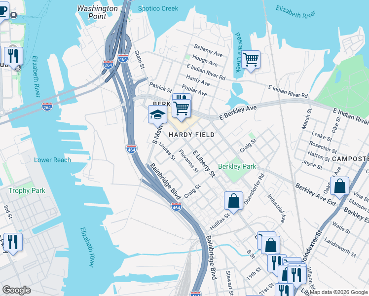 map of restaurants, bars, coffee shops, grocery stores, and more near 808 Grayson Street in Norfolk