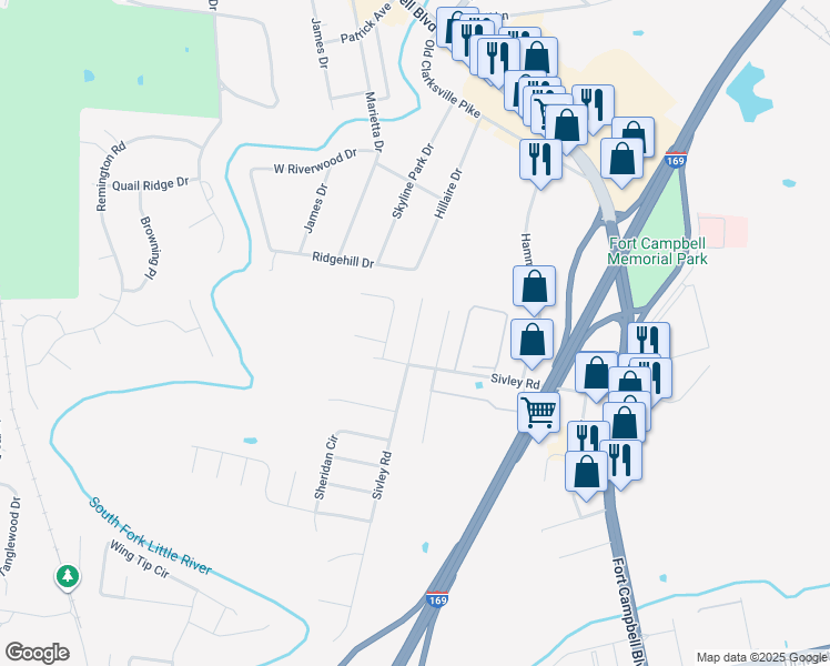 map of restaurants, bars, coffee shops, grocery stores, and more near 101 Carriage Way in Hopkinsville