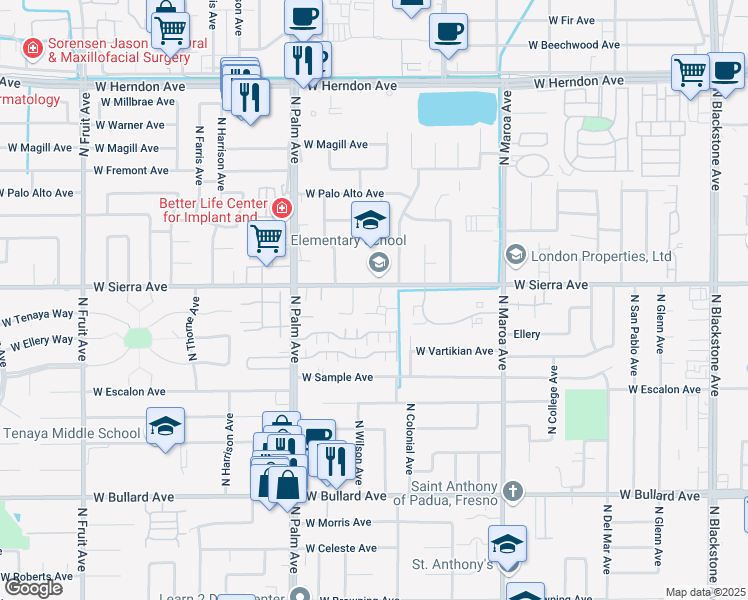 map of restaurants, bars, coffee shops, grocery stores, and more near 645 West Sierra Avenue in Fresno