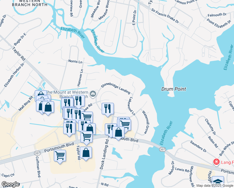 map of restaurants, bars, coffee shops, grocery stores, and more near 2638 Meadows Landing in Chesapeake