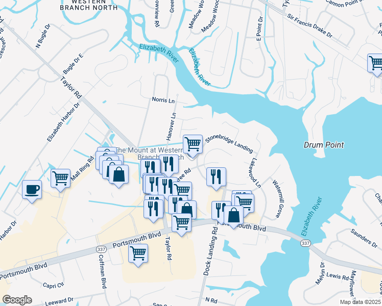 map of restaurants, bars, coffee shops, grocery stores, and more near 4021 Oak Moss Court in Chesapeake
