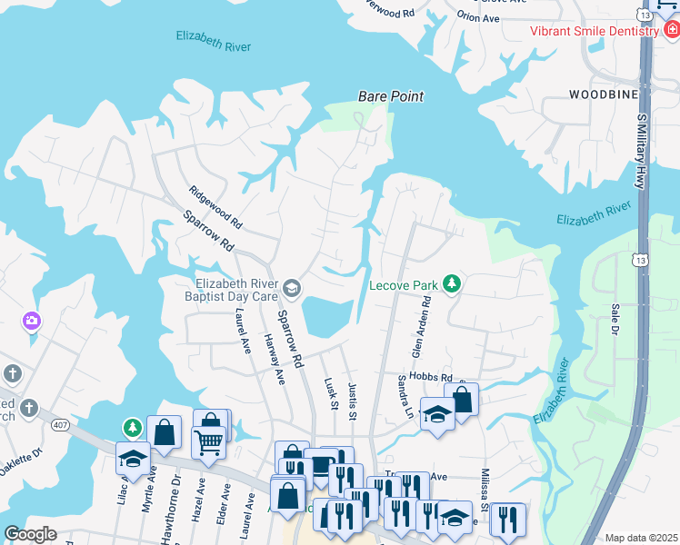 map of restaurants, bars, coffee shops, grocery stores, and more near 808 Silvercrest Lane in Virginia Beach