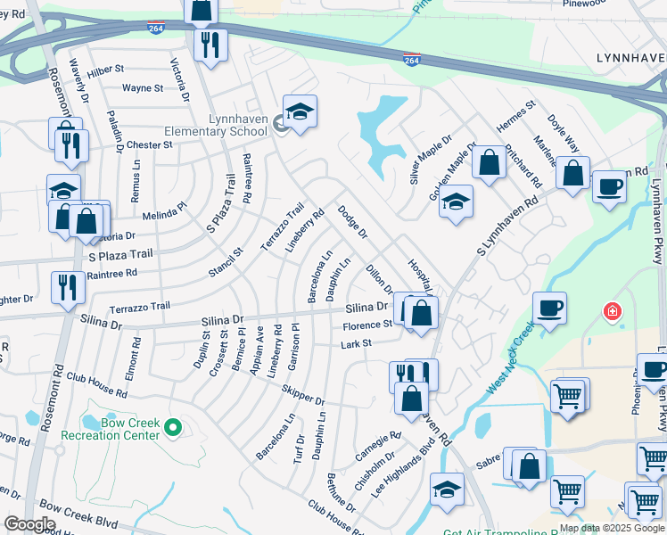map of restaurants, bars, coffee shops, grocery stores, and more near 317 Dauphin Lane in Virginia Beach