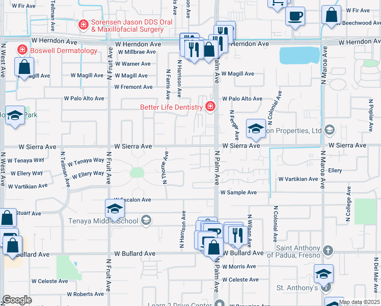 map of restaurants, bars, coffee shops, grocery stores, and more near 1124 West Tenaya Way in Fresno