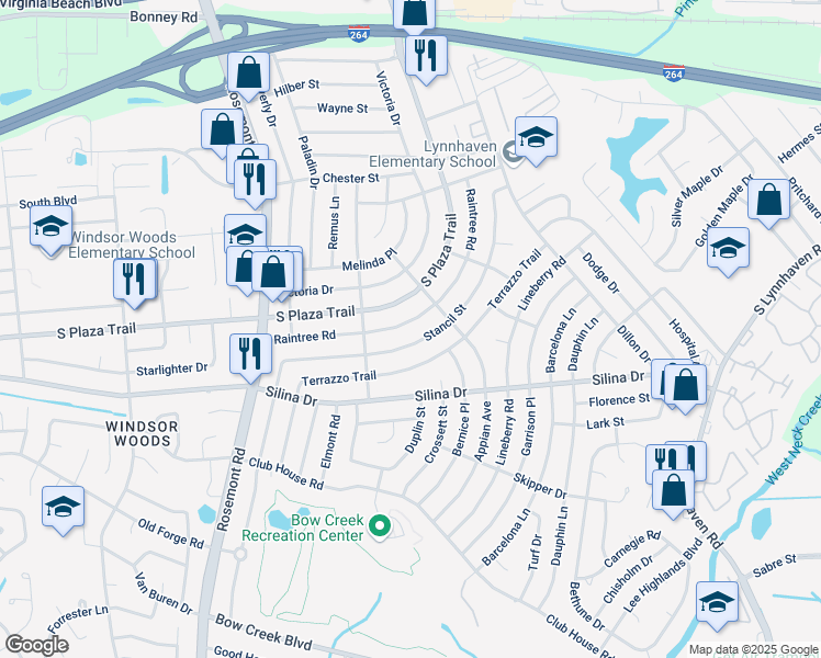 map of restaurants, bars, coffee shops, grocery stores, and more near 3412 Stancil Street in Virginia Beach