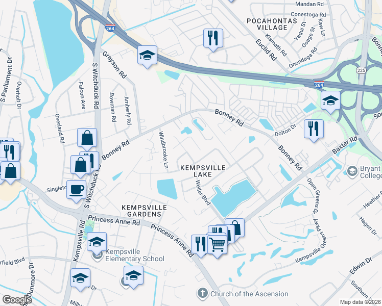 map of restaurants, bars, coffee shops, grocery stores, and more near 254 Weller Boulevard in Virginia Beach