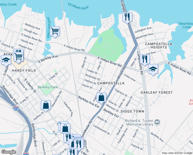 map of restaurants, bars, coffee shops, grocery stores, and more near 1004 Roseclair Street in Norfolk
