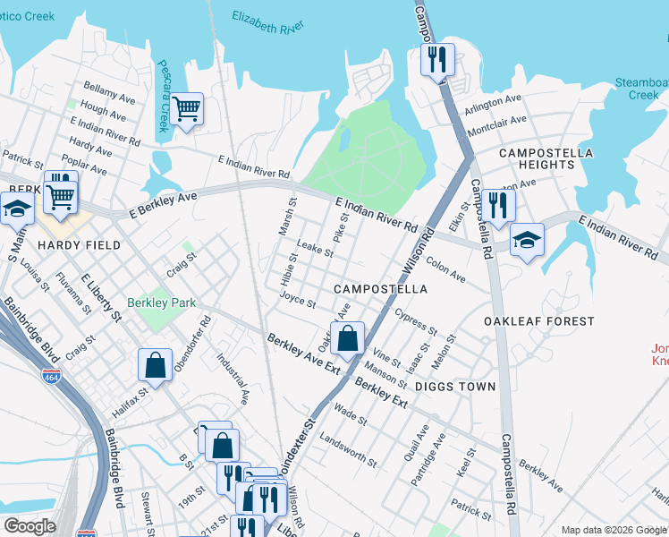 map of restaurants, bars, coffee shops, grocery stores, and more near 1004 Roseclair Street in Norfolk
