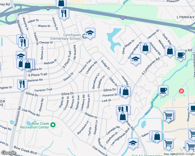 map of restaurants, bars, coffee shops, grocery stores, and more near 320 Barcelona Lane in Virginia Beach