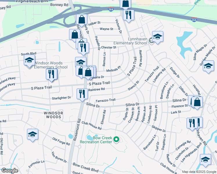 map of restaurants, bars, coffee shops, grocery stores, and more near 3504 Raintree Road in Virginia Beach