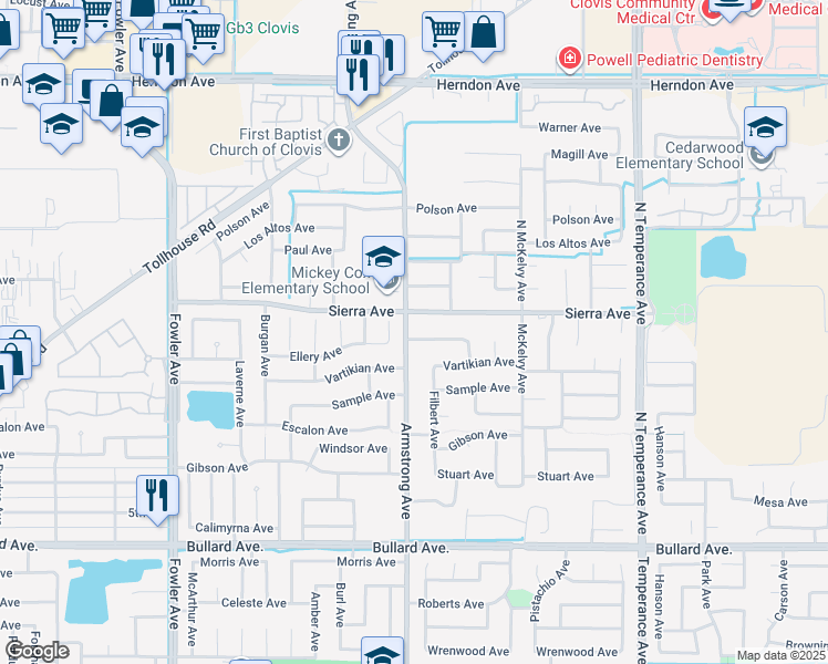 map of restaurants, bars, coffee shops, grocery stores, and more near 55 Armstrong Avenue in Clovis