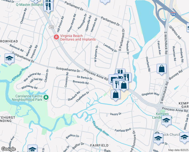 map of restaurants, bars, coffee shops, grocery stores, and more near 5345 Princess Anne Road in Virginia Beach