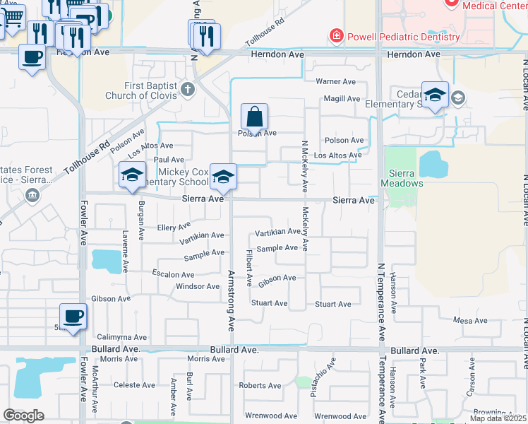 map of restaurants, bars, coffee shops, grocery stores, and more near 2243 Ellery Avenue in Clovis