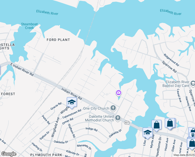 map of restaurants, bars, coffee shops, grocery stores, and more near 3000 Springfield Ave in Chesapeake