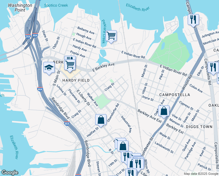 map of restaurants, bars, coffee shops, grocery stores, and more near 800 Whitehead Avenue in Norfolk