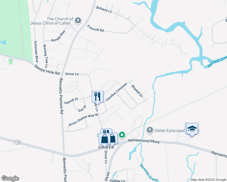 map of restaurants, bars, coffee shops, grocery stores, and more near 3111 Caroline Crescent in Suffolk