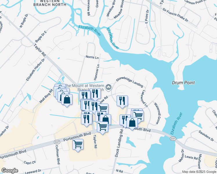 map of restaurants, bars, coffee shops, grocery stores, and more near 4019 Oak Moss Court in Chesapeake