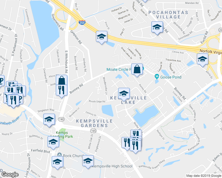 map of restaurants, bars, coffee shops, grocery stores, and more near 4819 Bayshire Court in Virginia Beach