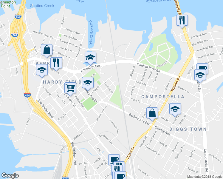 map of restaurants, bars, coffee shops, grocery stores, and more near 910 Fairfield Street in Norfolk