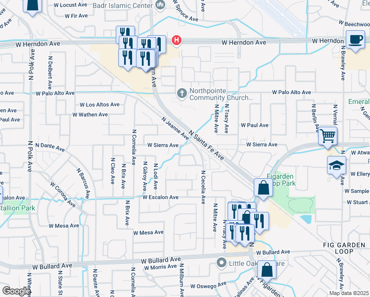 map of restaurants, bars, coffee shops, grocery stores, and more near 4588 West Tenaya Avenue in Fresno