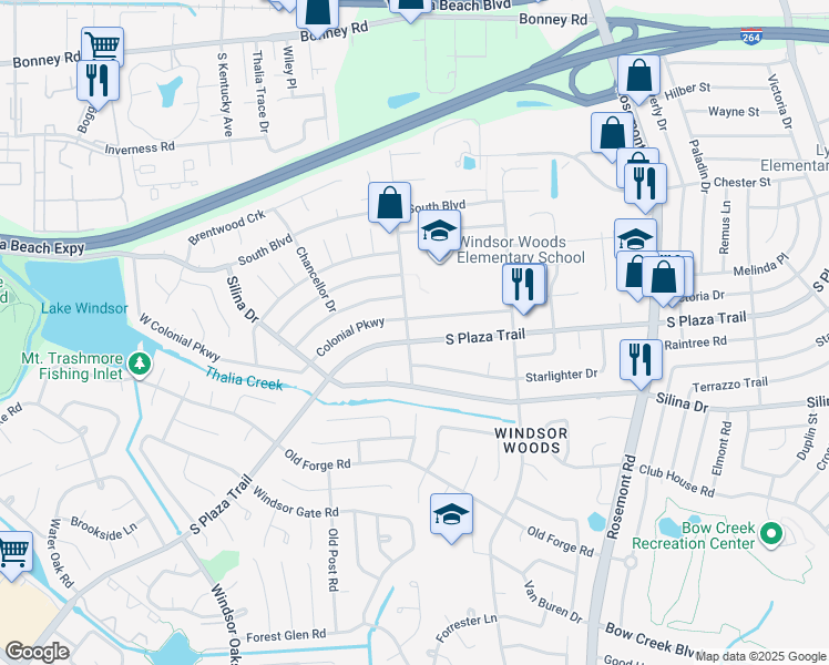 map of restaurants, bars, coffee shops, grocery stores, and more near 3768 South Plaza Trail in Virginia Beach