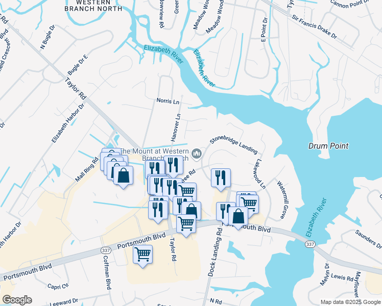 map of restaurants, bars, coffee shops, grocery stores, and more near 4029 Oak Moss Court in Chesapeake